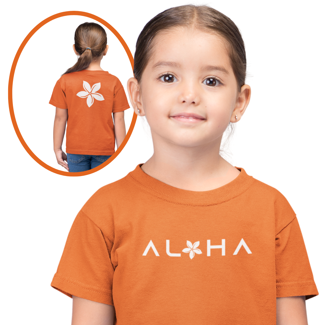 Girls Double-Sided Aloha T-Shirt – Front Aloha, Back Tiare Flower | Hawaiian Kids Tee by Simply Aloha On The Go™