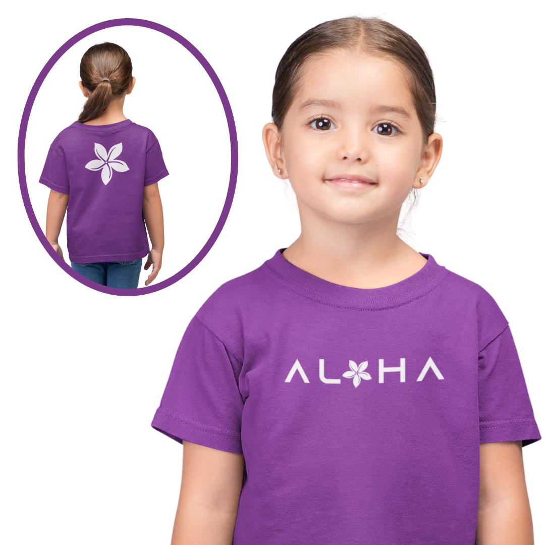 Girls Double-Sided Aloha T-Shirt – Front Aloha, Back Tiare Flower | Hawaiian Kids Tee by Simply Aloha On The Go™
