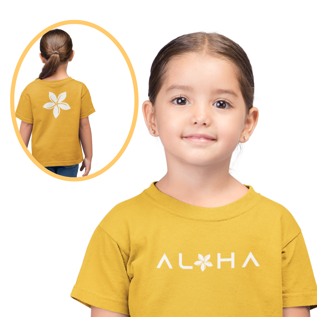 Girls Double-Sided Aloha T-Shirt – Front Aloha, Back Tiare Flower | Hawaiian Kids Tee by Simply Aloha On The Go™