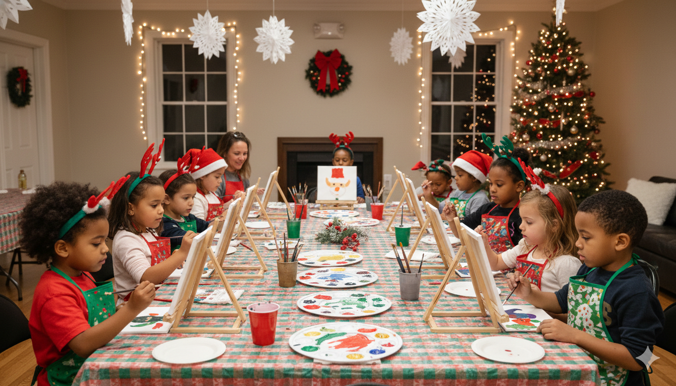 Kids Christmas paint party with easels, Santa hats and holiday decor 