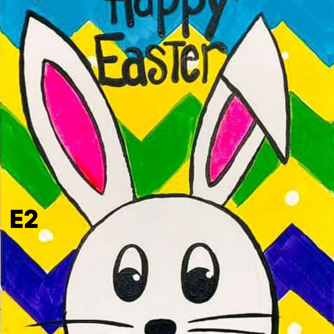 Kids Easter DIY Paint Kit featuring colorful Easter card with a bunny face and Happy Easter text on a multicolored background. 
