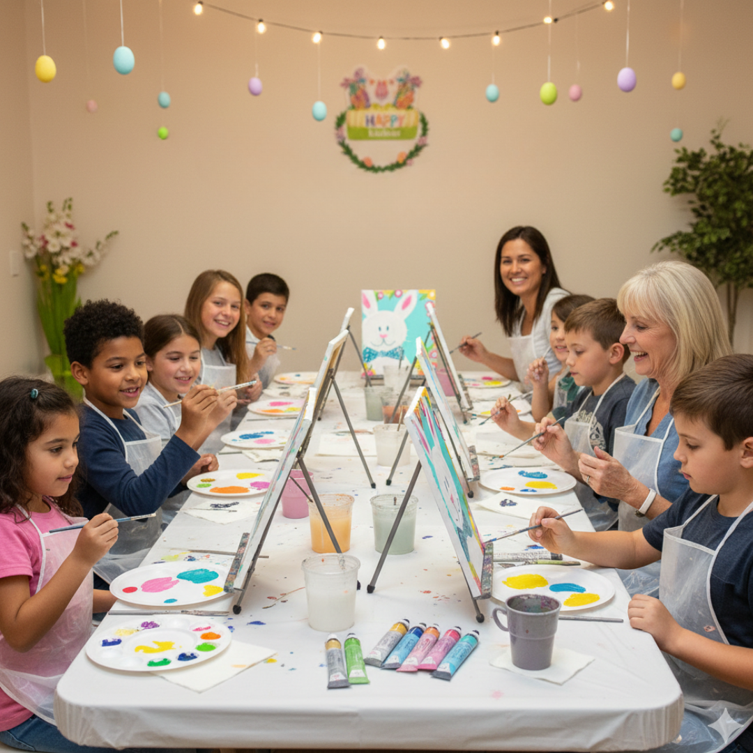 A group of kids and adults at a birthday party painting an Easter Bunny on canvas ages 8+