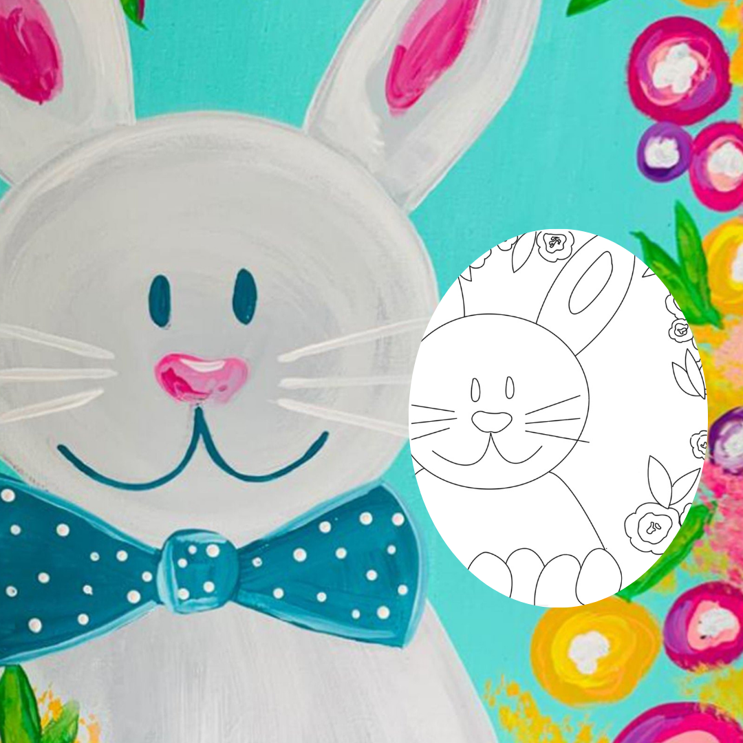Colorful Easter-themed craft with bunny face, flowers for upcoming easter holiday. Perfect for paint parties and gifting idea.