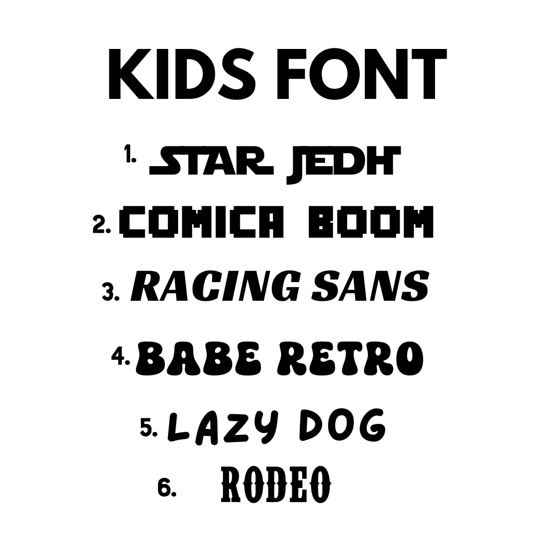 List of kids fonts on a white background