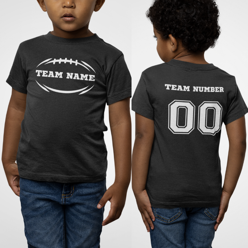 Personalized Kid's double-sided football black t-shirt featuring a football graphic and team name on the front and a player number on the back.