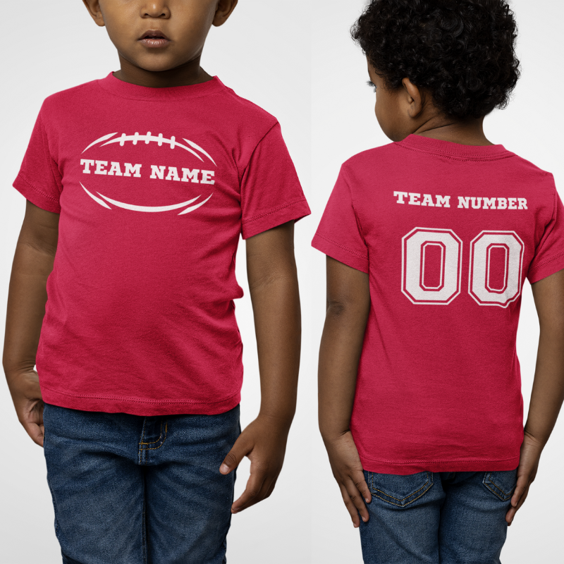 Personalized Kid's double-sided football red t-shirt featuring a football graphic and team name on the front and a player number on the back.