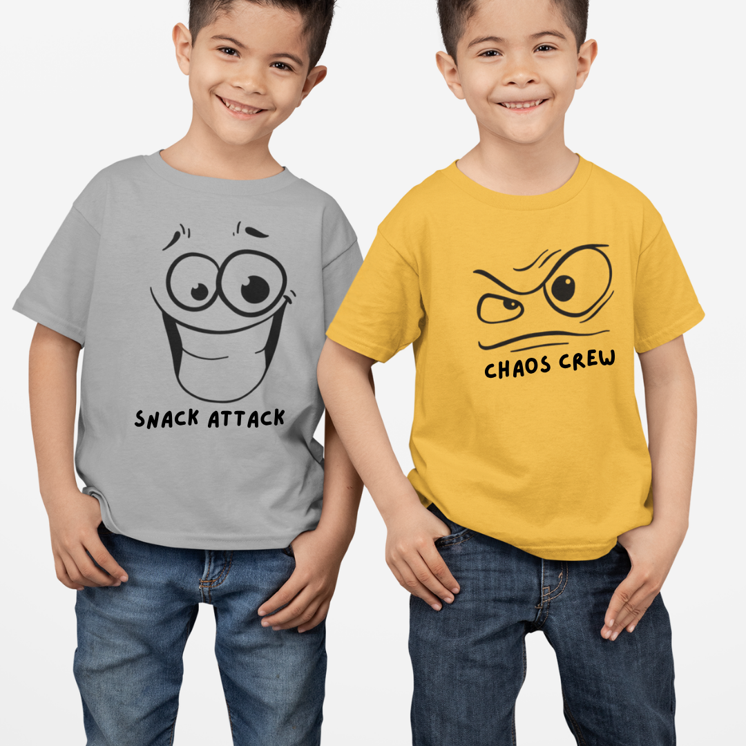 Kids funny graphic t-shirt set with snack attack on gray tee and chaos crew on yellow t-shirt