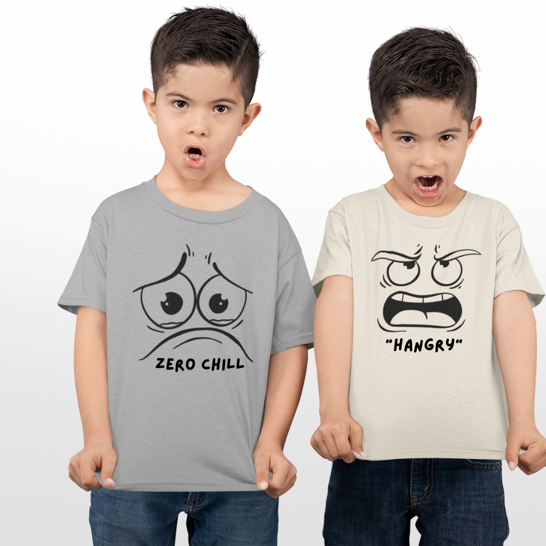 Kids funny graphic t-shirt set with Zero Chill sad face on gray tee and Hangry angry face on cream tee