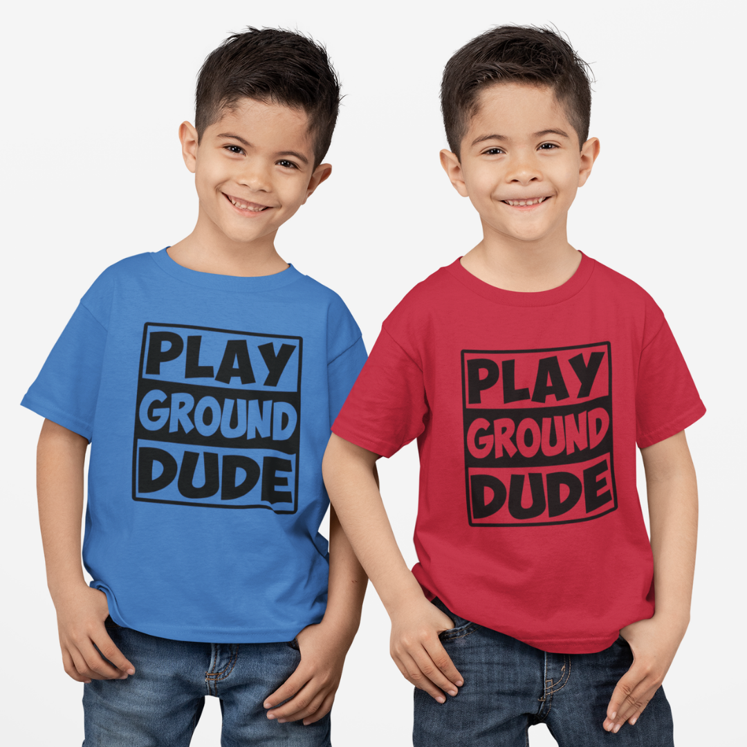 2 Kids with their Playground Dude text t-shirt in blue and red
