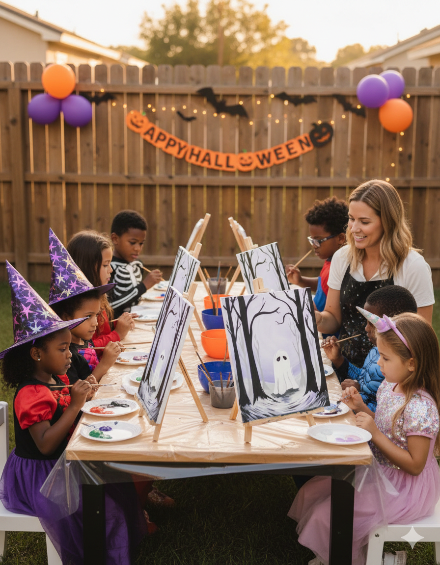 Kids painting the Ghost in the Forest design at a Halloween paint party