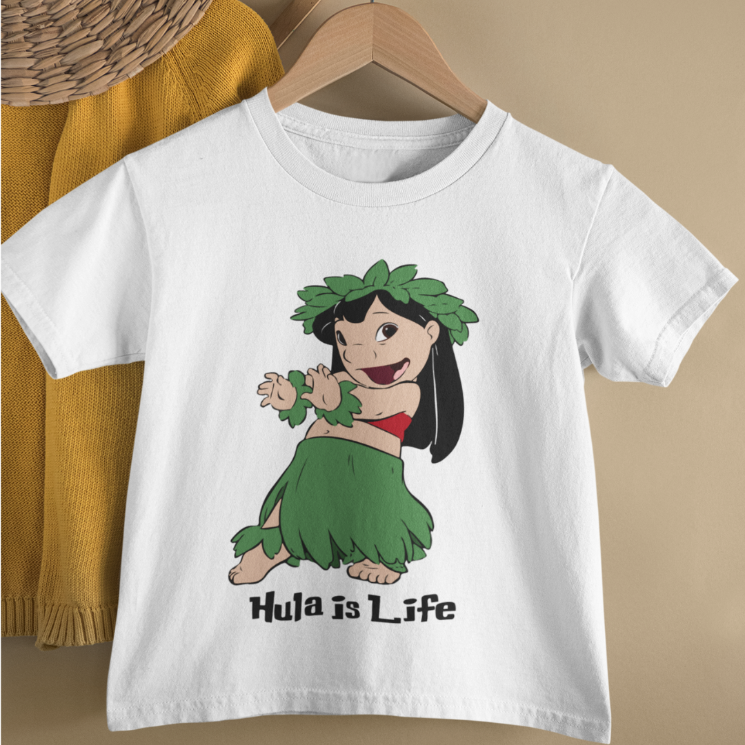 Kids Hawaiian Hula is life t-shirt in white with a graphic design of a cute girl in her hula dance pose 