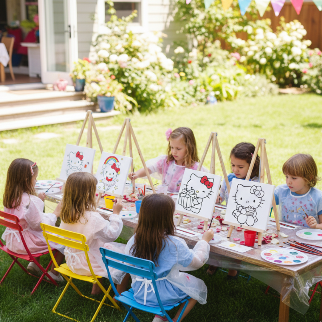 Hello Kitty paint party box kits set up on a long table in a sunny Arizona backyard by Simply Aloha On The Go