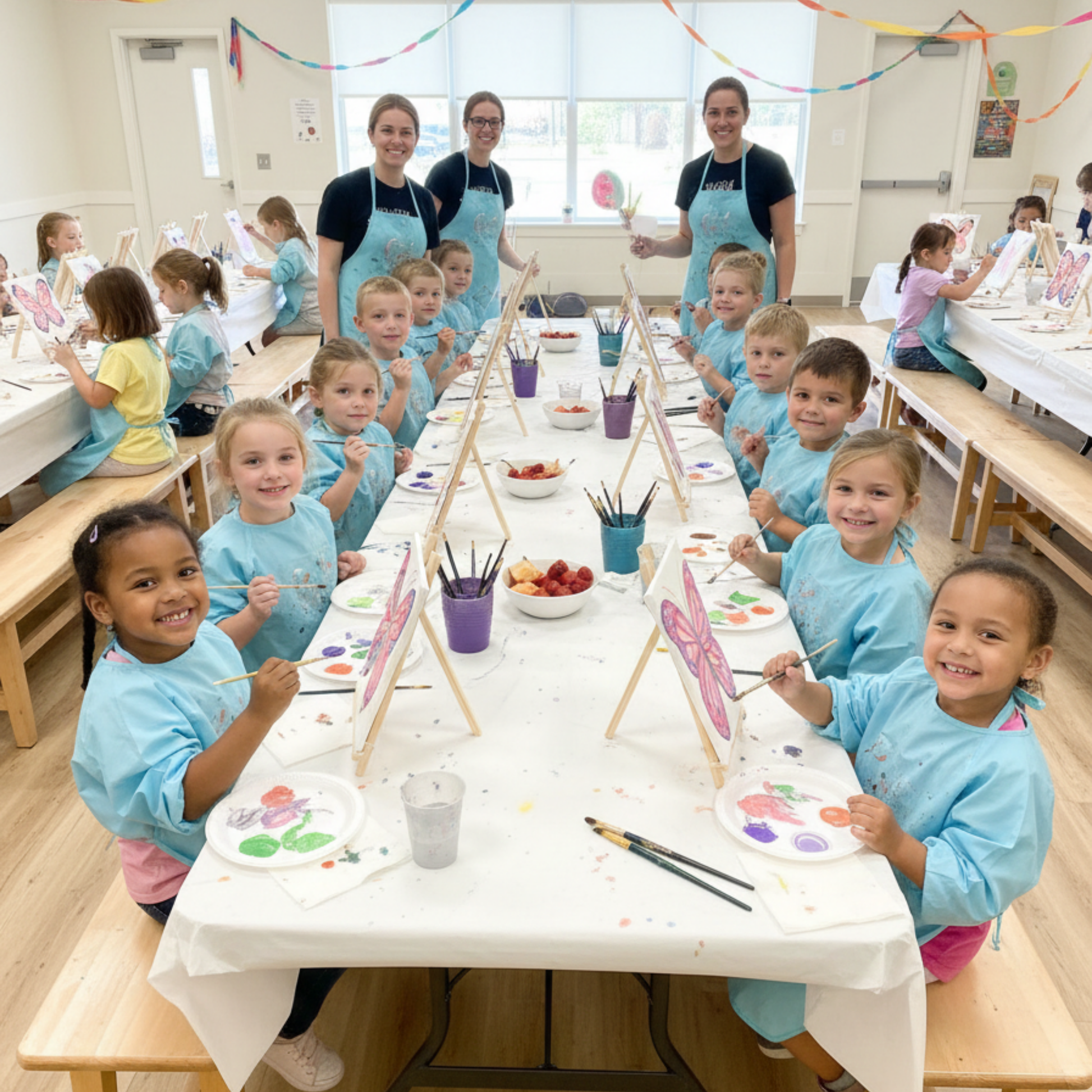 Children at a mobile paint party in Arizona painting colorful canvases with an instructor.