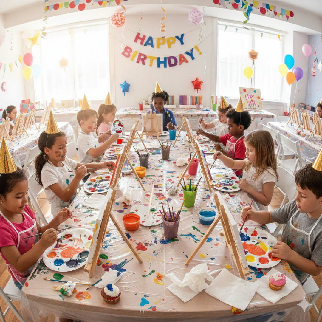 Group of children painting Hello Kitty Inspired canvases at a mobile birthday party event in a backyard by Simply Aloha On The Go