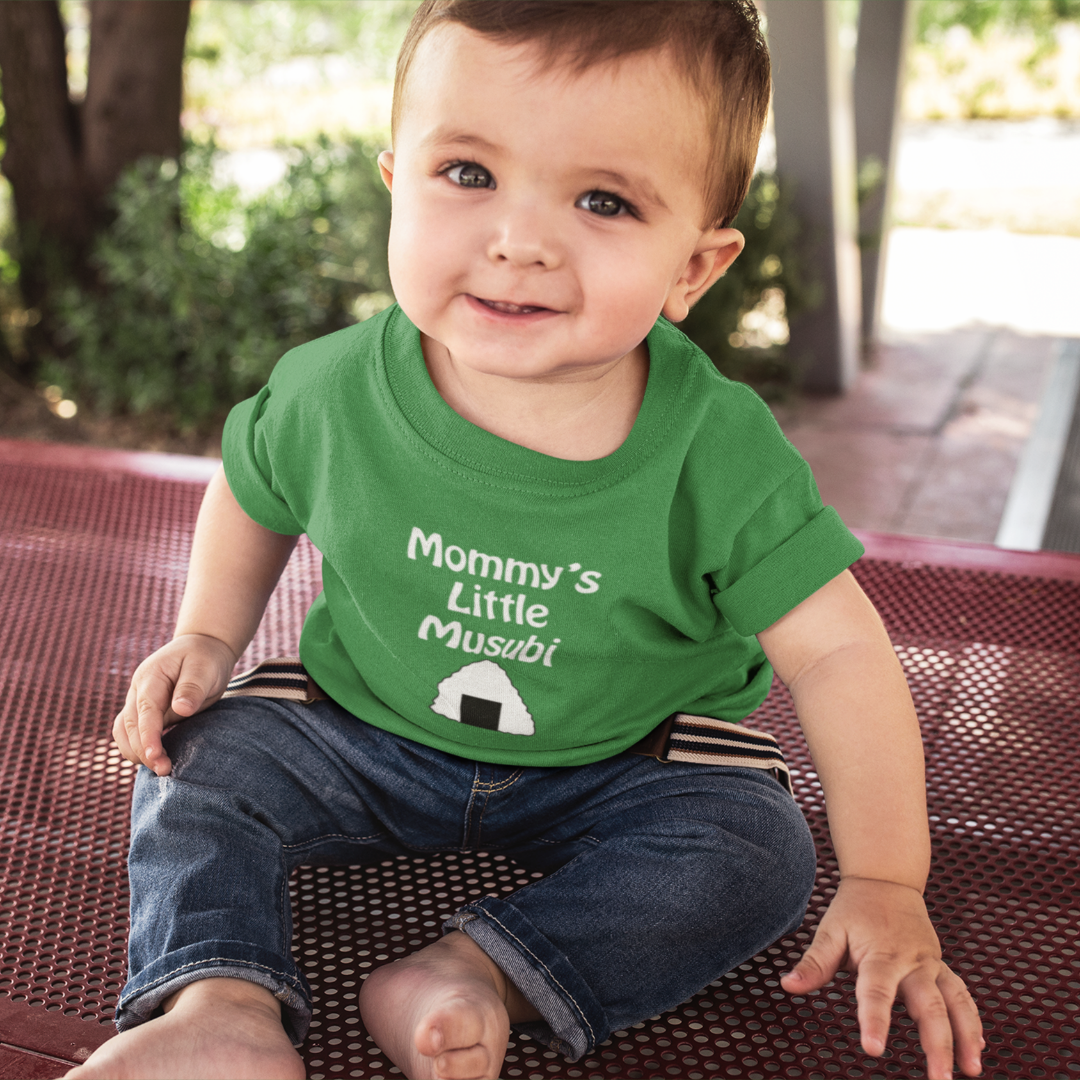Toddler wearing a green shirt with Mommy's Little Musubi text