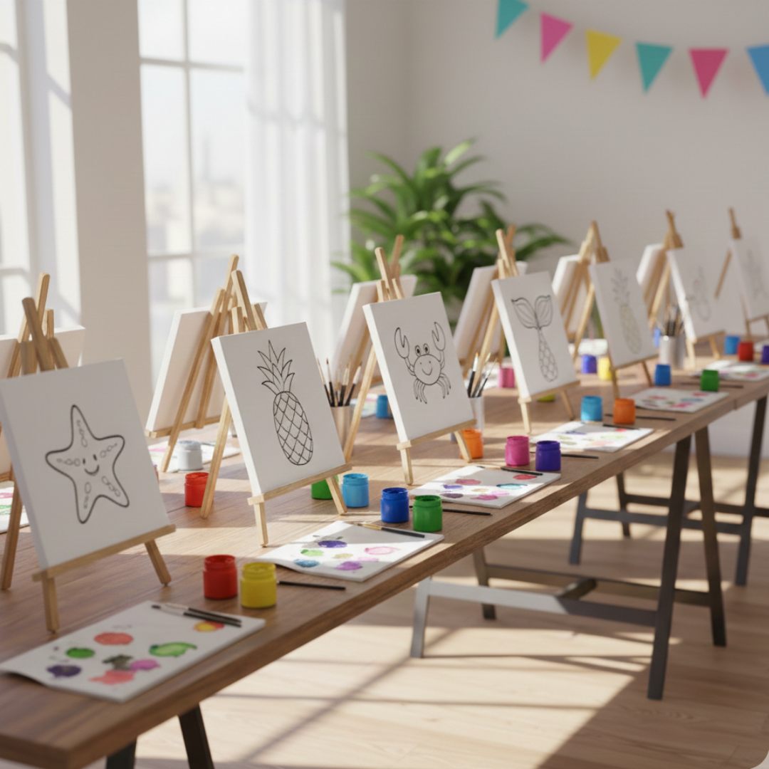 Kids' Ocean DIY Paint Kit canvas paint party setup with easels and painting supplies arranged on tables for a group art activity.