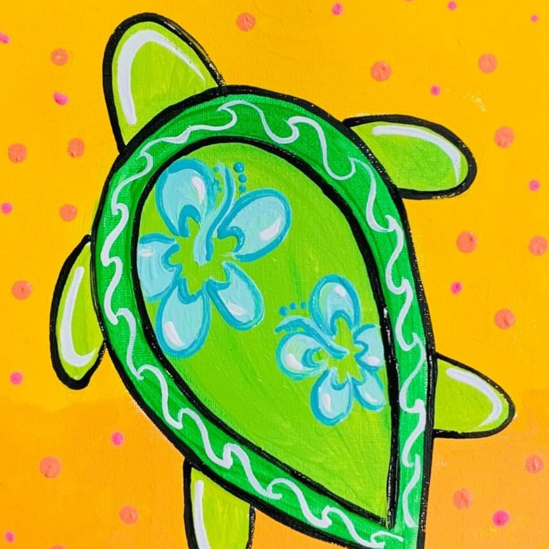 Kids' Ocean DIY Paint Kit featuring a green sea turtle canvas painting with colorful shell designs on a yellow background