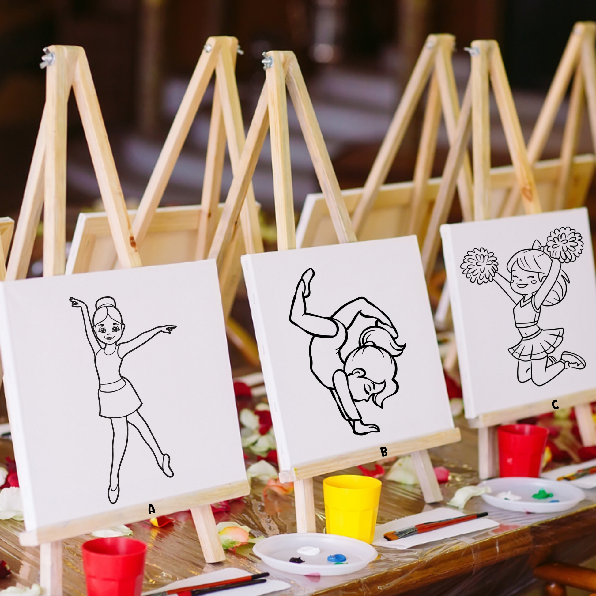 Colorful kids' paint party kit featuring a graceful ballerina design, perfect for creative fun at a dance-themed event. Includes all the materials for painting and crafting, ideal for children ages 5 and up.