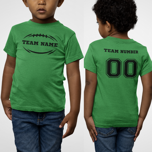 Personalized kids double-sided game day football t-shirt in green with custom team name and number by Simply Aloha On The Go