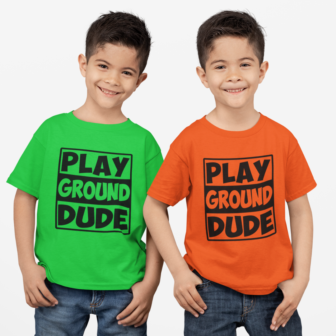 2 Kids wearing Playground Dude graphic t-shirt in green and orange