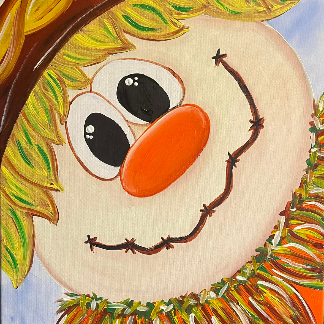 Kids Scarecrow Fall DIY Paint Kit with smiling scarecrow in a field and warm autumn colors for all ages