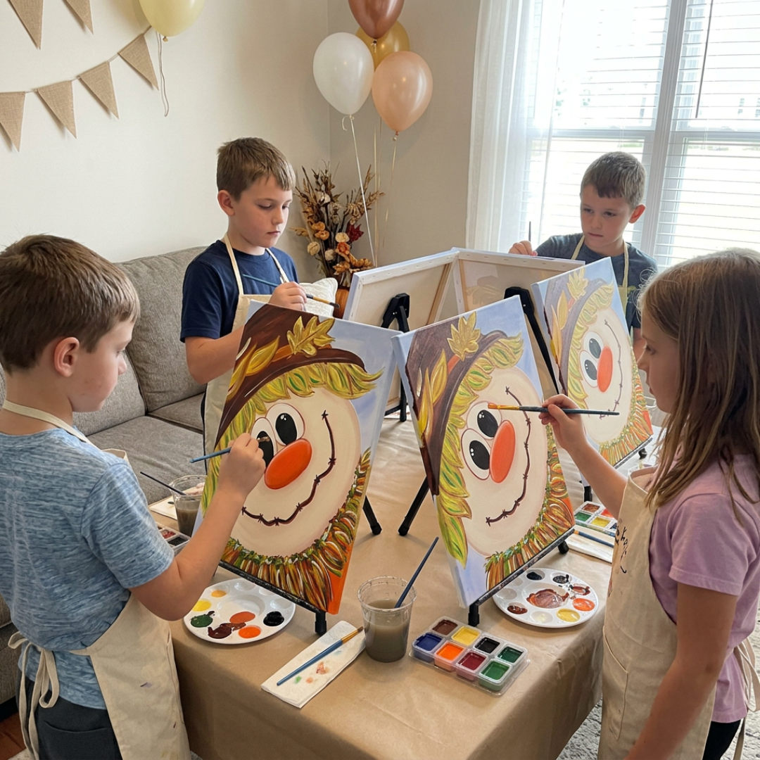 Kids Scarecrow Fall DIY Paint Kit birthday-party showing four children painting smiling scarecrow canvases with balloons