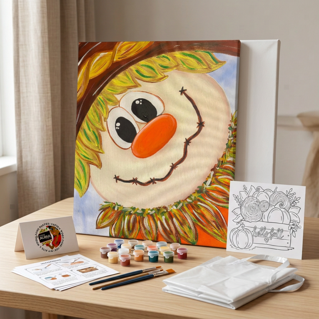 Kids Scarecrow Fall DIY Paint Kit with smiling scarecrow canvas, paints, brushes, instructions, disposable apron, and brand logo on a wooden table.
