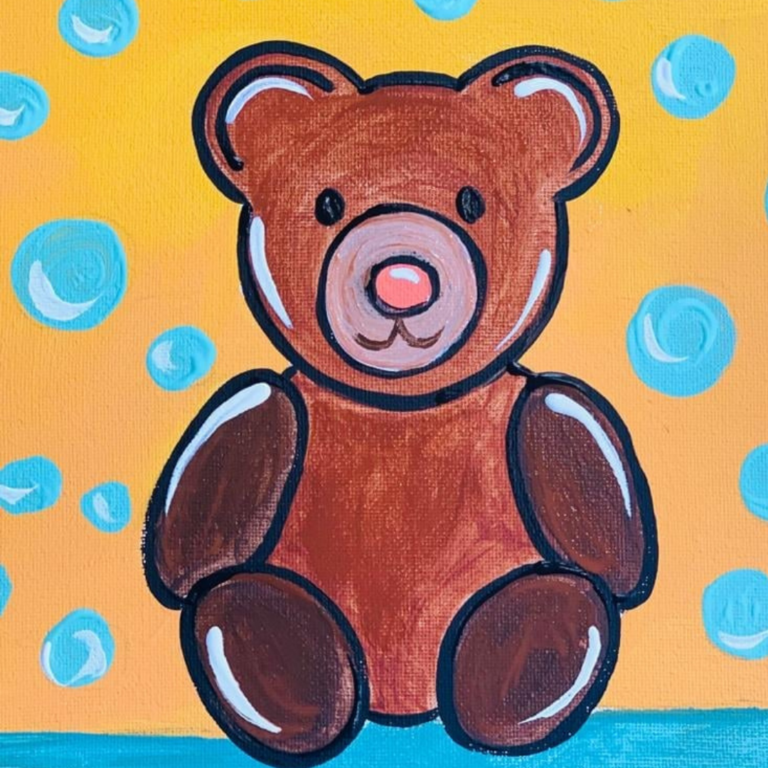 Children's DIY canvas painting kit featuring a brown bear with turquoise and yellow background design, all supplies included.