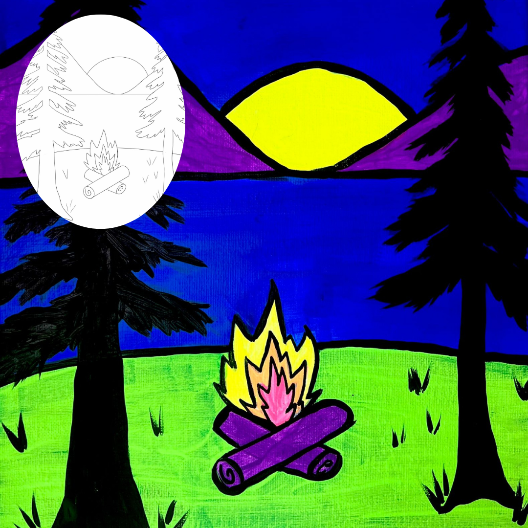 Hand-painted colorful illustration of a campfire under a night sky with a yellow sun and pine trees, part of a DIY kids' art kit.