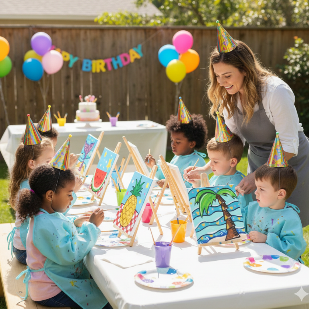 Children at a summer-themed birthday party outdoors, painting with pineapple,.palmtree, watermelon, and mermaid's tail ges 5+