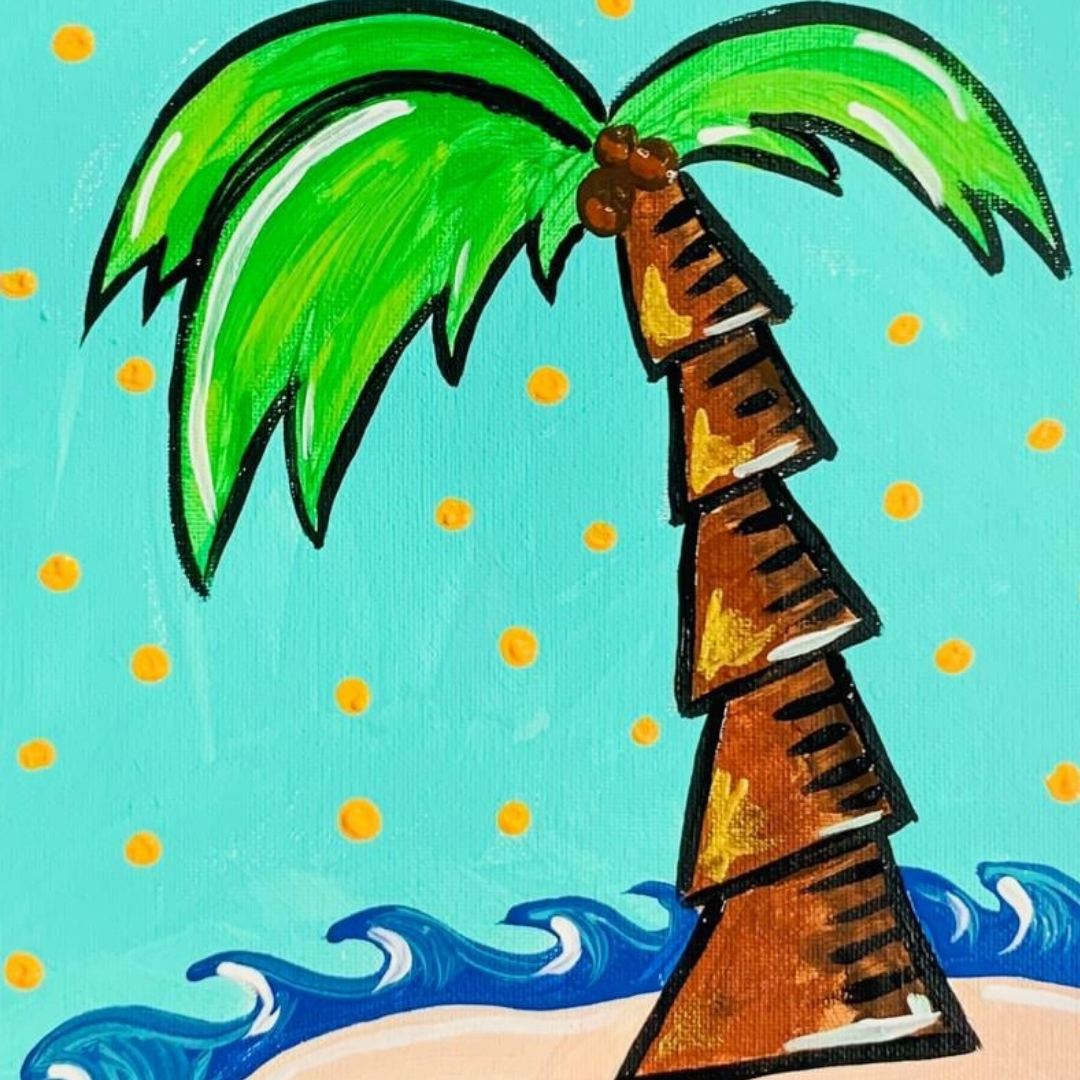 Children's DIY canvas painting kit featuring a palm tree with a blue sky and ocean waves in the background. All supplies included