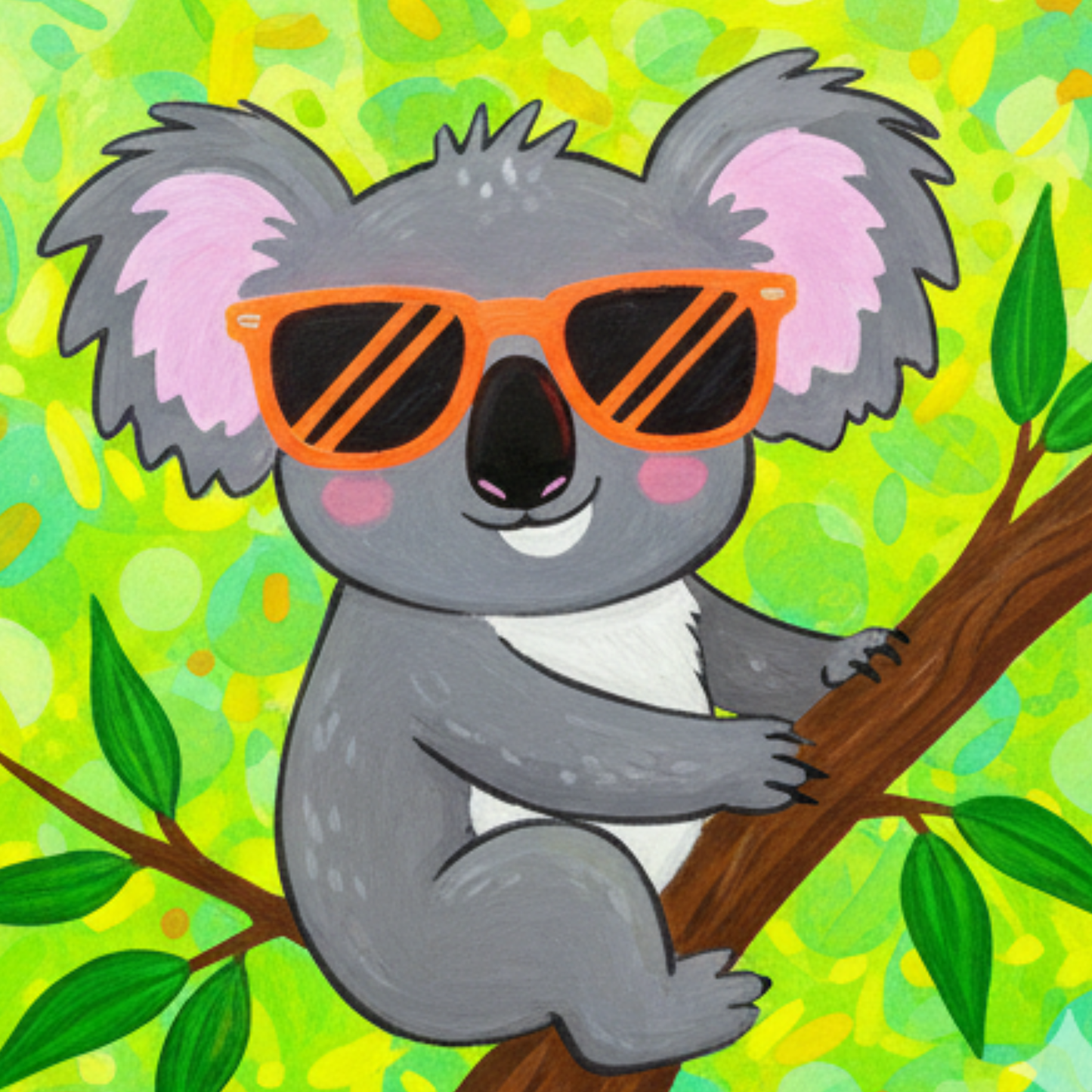 A grey koala wearing bright neon orange sunglasses against a sunny yellow background.