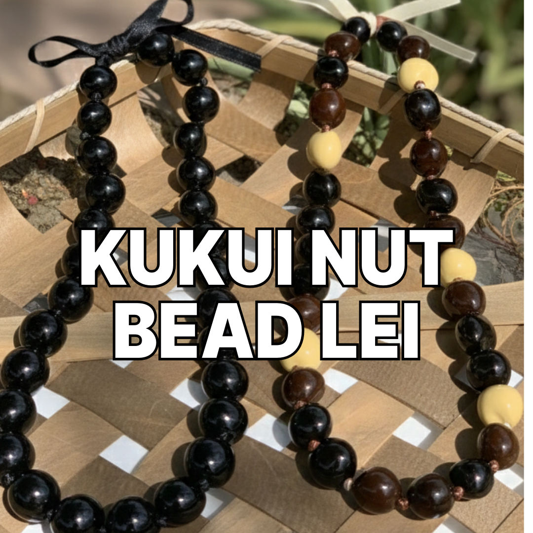 Kukui nut bead lei for 2026 graduation on a woven surface with text overlay