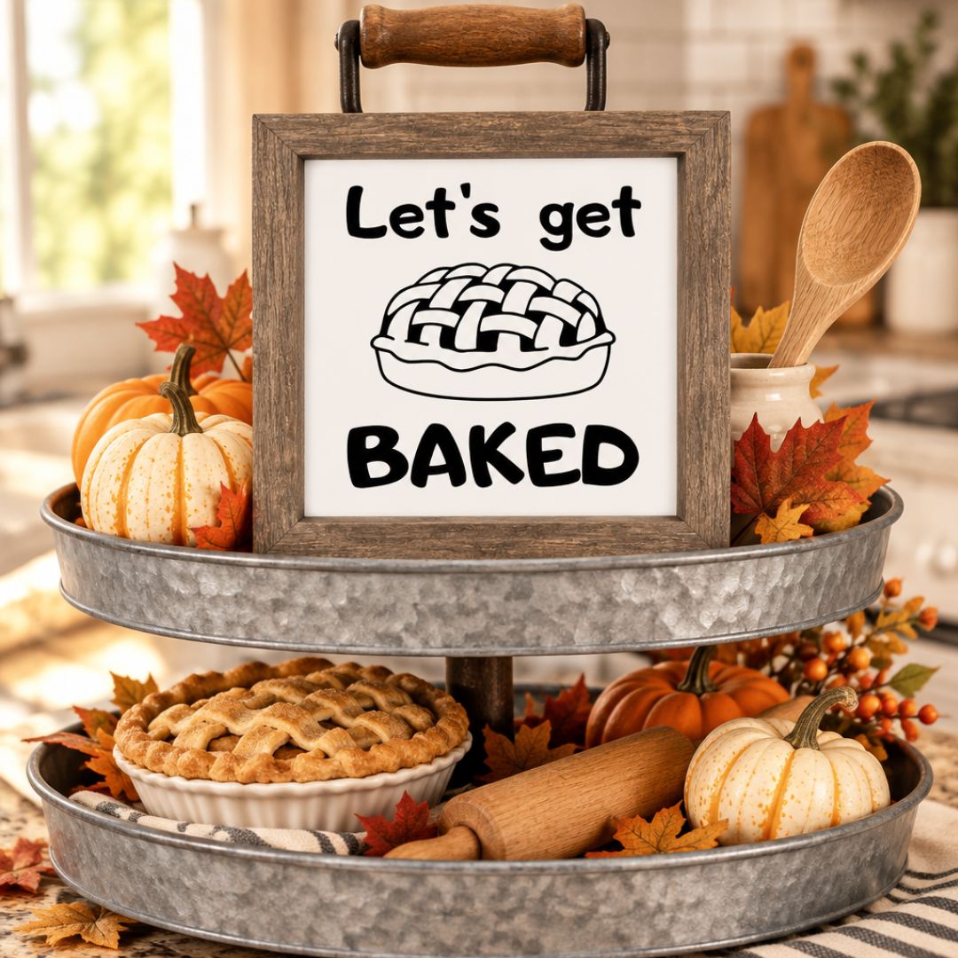 Let's Get Baked fall wood sign styled on a farmhouse tiered tray with pumpkins and pie
