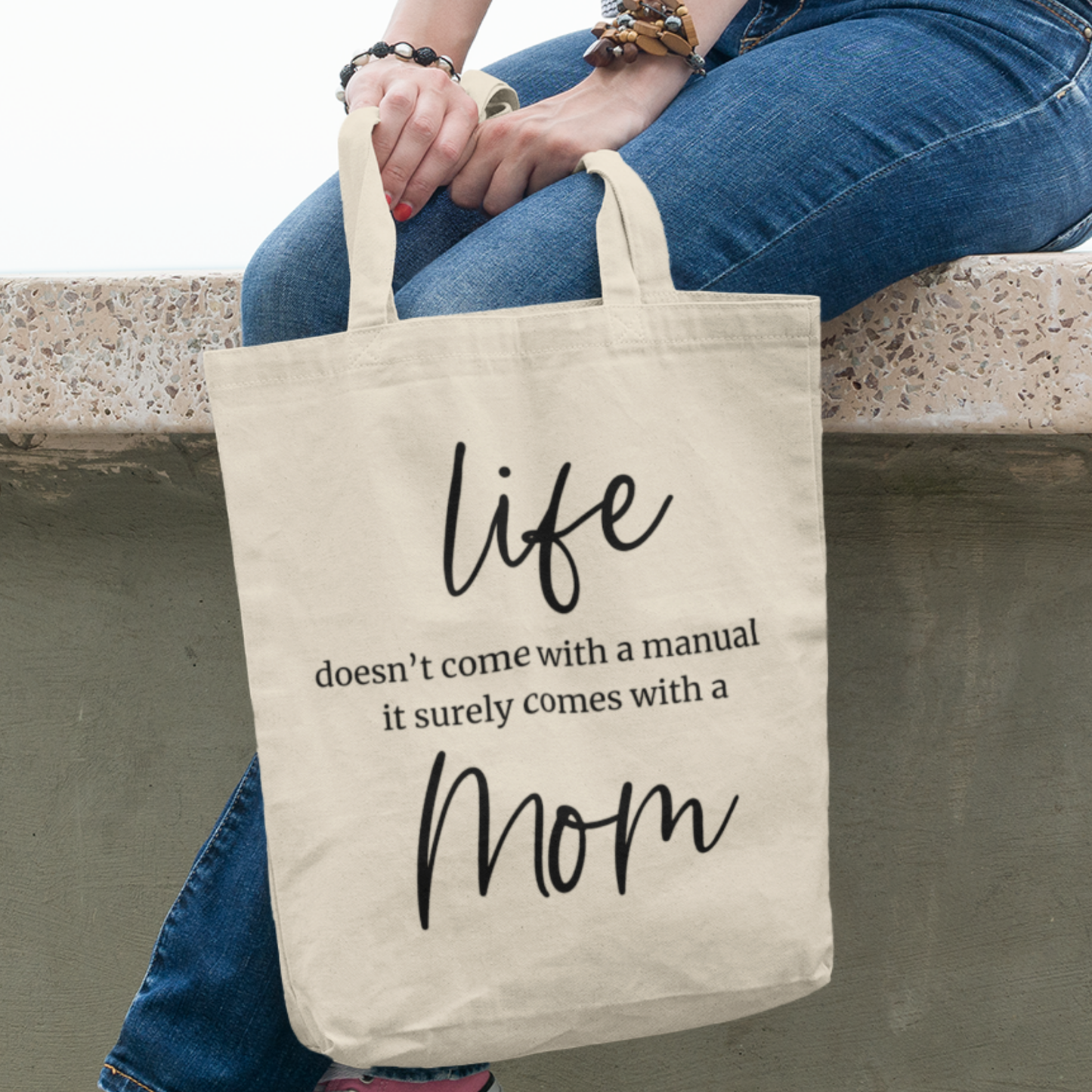 Eco-friendly organic cotton tote bag with "Life As A Mom" design