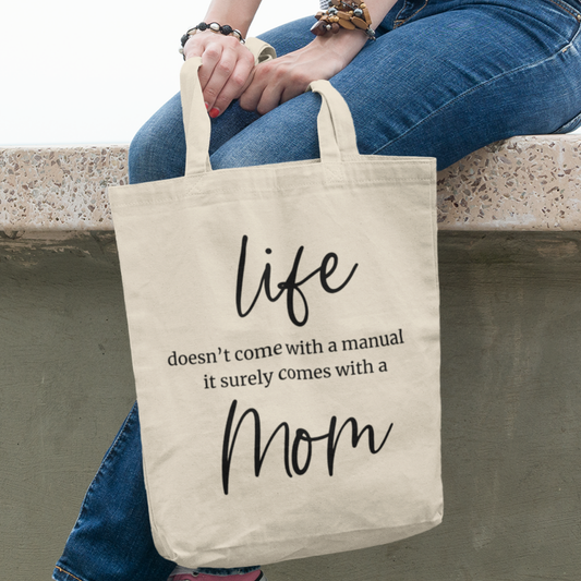 Eco-friendly organic cotton tote bag with "Life As A Mom" design