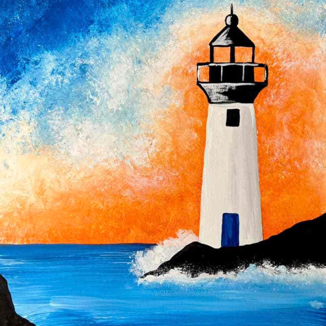 Finished lighthouse sunset DIY canvas painting with crashing waves.