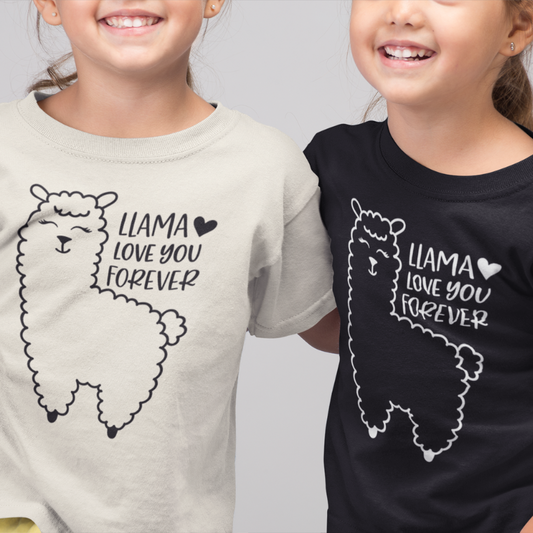 Close up of two children wearing a sand and black color t-shirts with a llama image design and text that reads Llama Love You Forever on a plain background by Simply Aloha On The Go