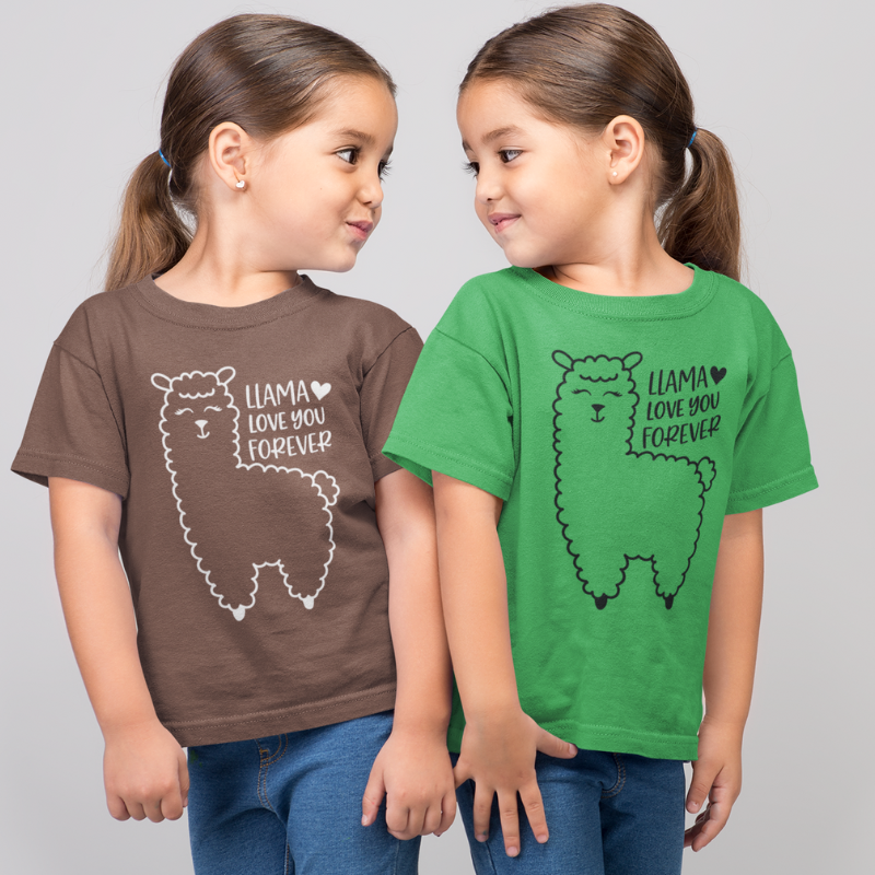 Two children wearing a brown and green color t-shirts with a llama image design and text that reads Llama Love You Forever on a plain background by Simply Aloha On The Go