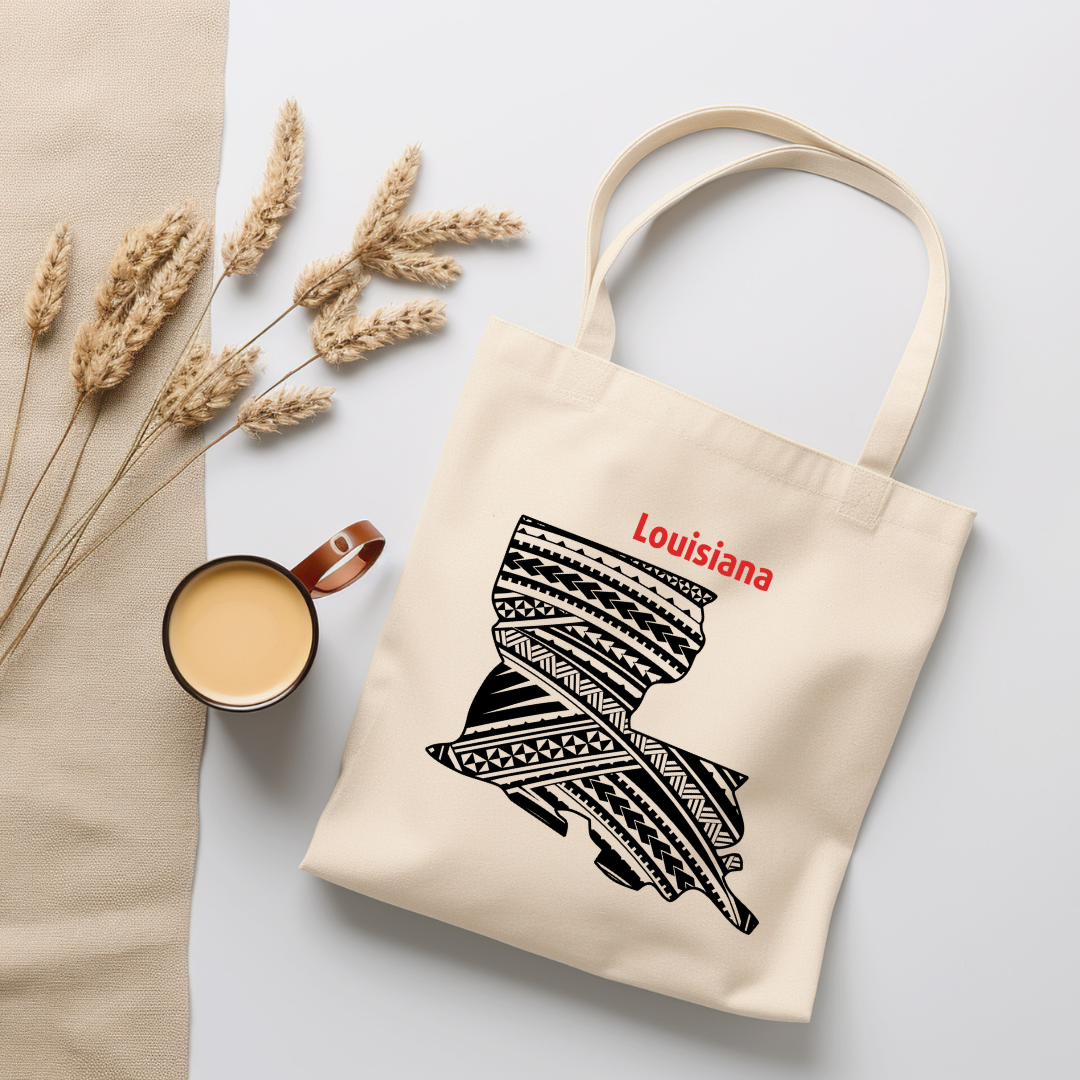 Louisiana-A double-sided, eco-friendly Polynesian Pride tote bag featuring a tribal map design from the 50 State Tribal Map Collection