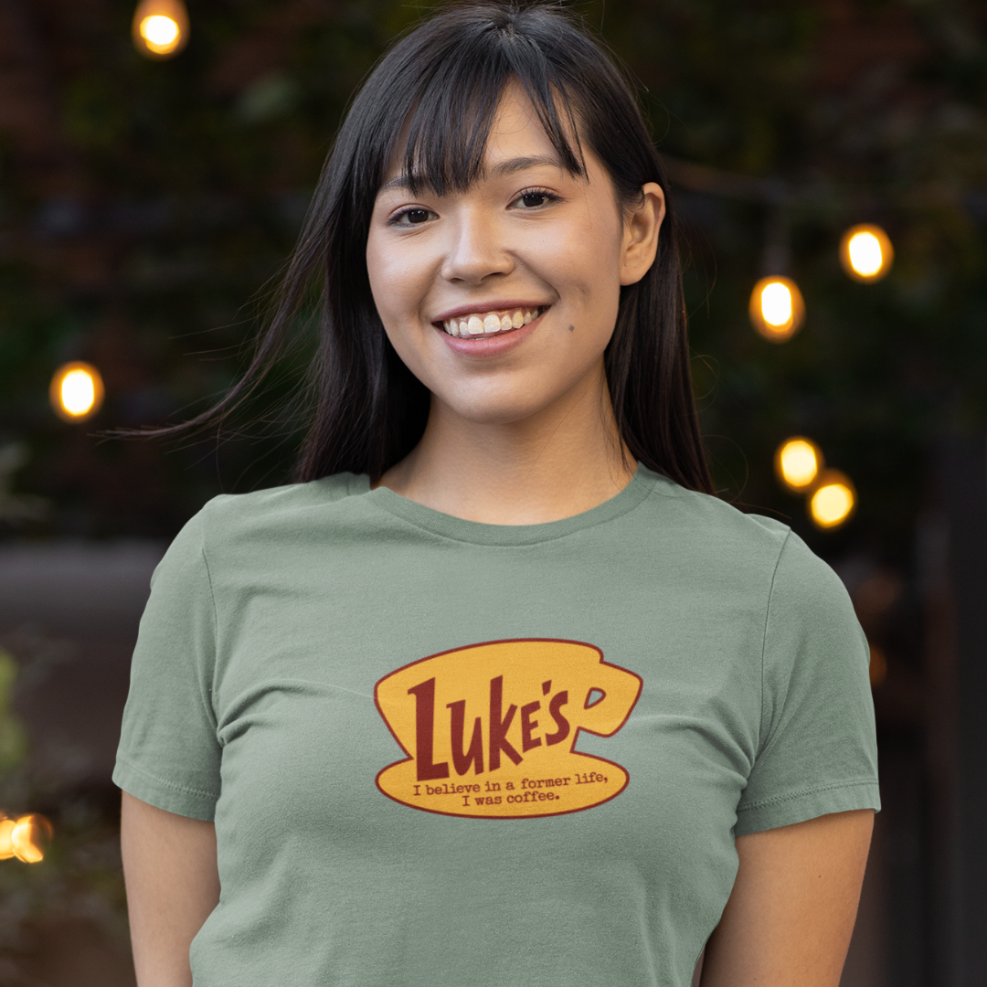 Woman Wearing Luke's Diner "I Was Coffee" Graphic T-Shirt In Sage  Green – Gilmore Girls Inspired Shirt