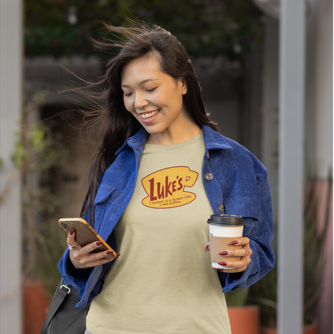 Gilmore Girls Luke's Diner Graphic T-Shirt In Sand Worn With Denim Jacket – Coffee Lover Gift Shirt