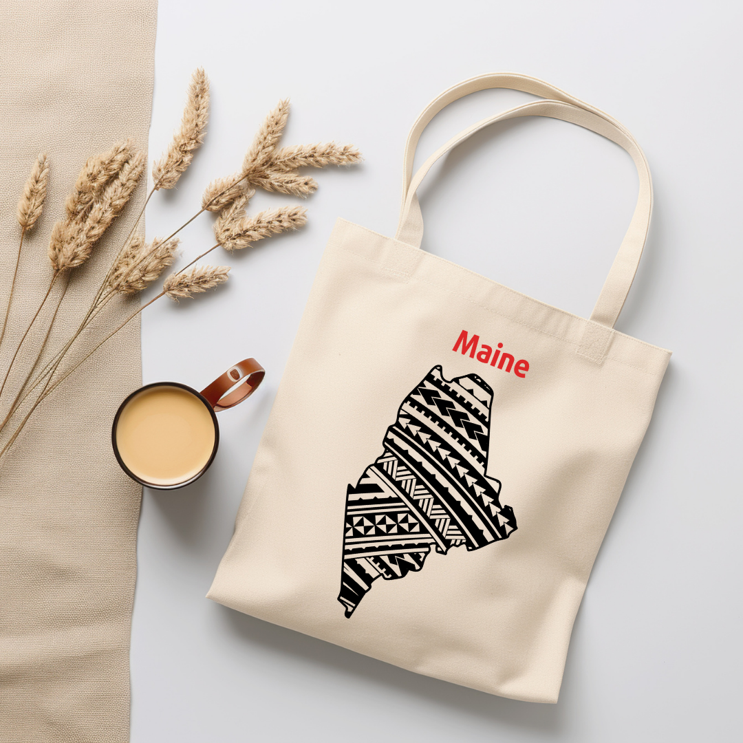 Maine-A double-sided, eco-friendly Polynesian Pride tote bag featuring a tribal map design from the 50 State Tribal Map Collection
