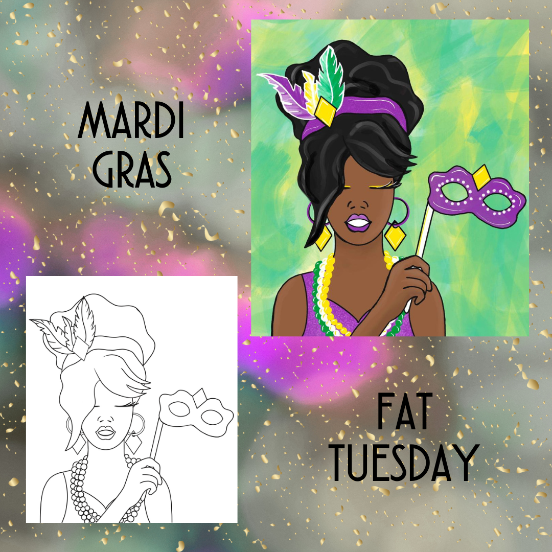 A woman with a purple masquerade mask, beads, and feathers.