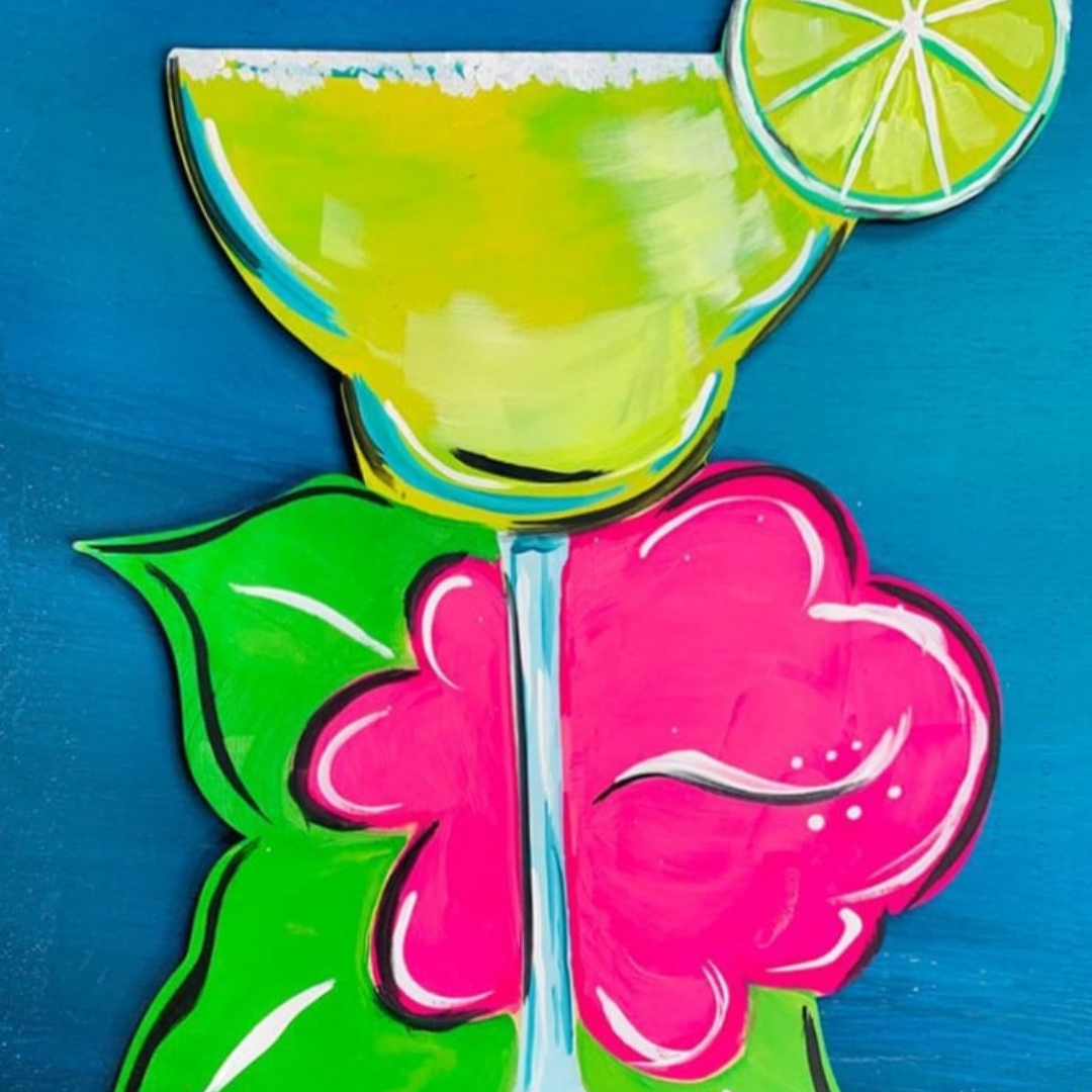 Colorful illustration of a cocktail with a lime wedge on a blue background, summer-themed DIY paintings on canvas, all supplies included