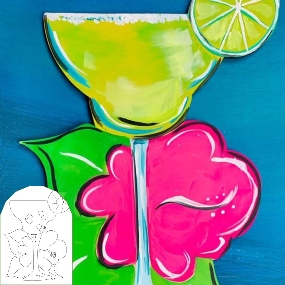 Tropical margarita drink with a lime and hibiscus flower for paint and sip parties.