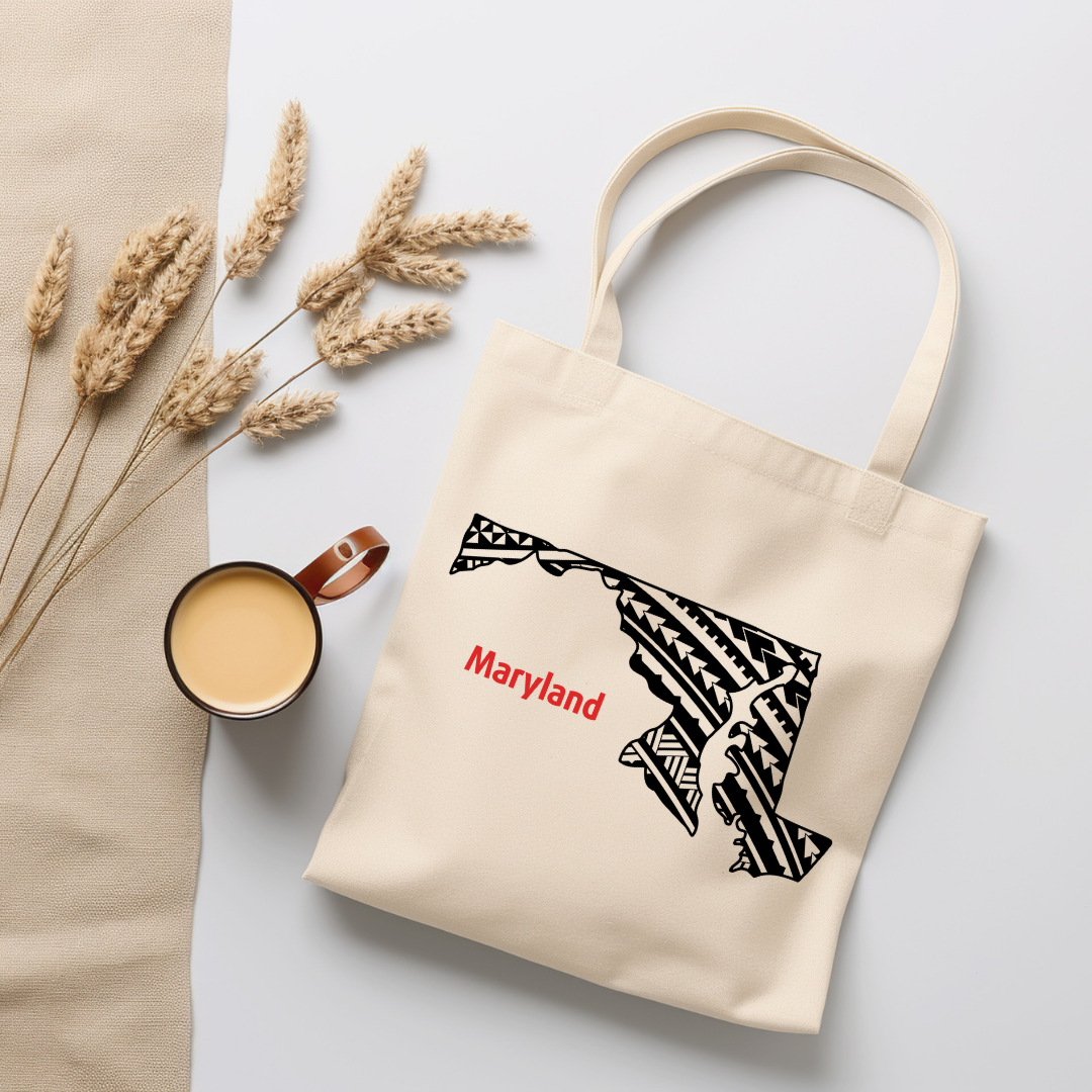 Maryland-A double-sided, eco-friendly Polynesian Pride tote bag featuring a tribal map design from the 50 State Tribal Map Collection