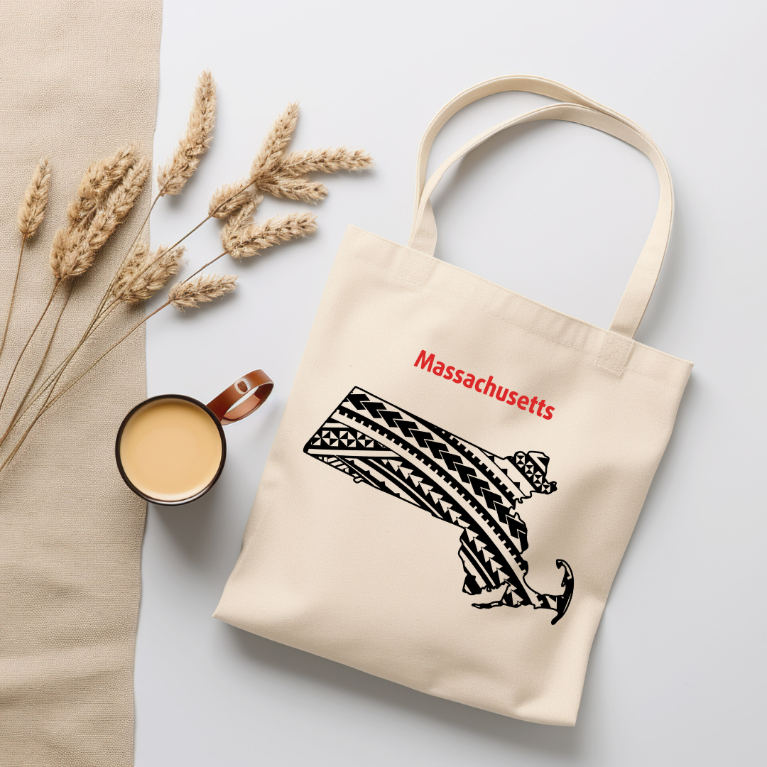 Massachusetts-A double-sided, eco-friendly Polynesian Pride tote bag featuring a tribal map design from the 50 State Tribal Map Collection
