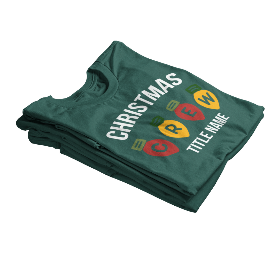 Personalized Christmas Family Crew Shirt featuring light bulbs spelling CREW, (add your title name) matching green and white holiday shirts for family and friends