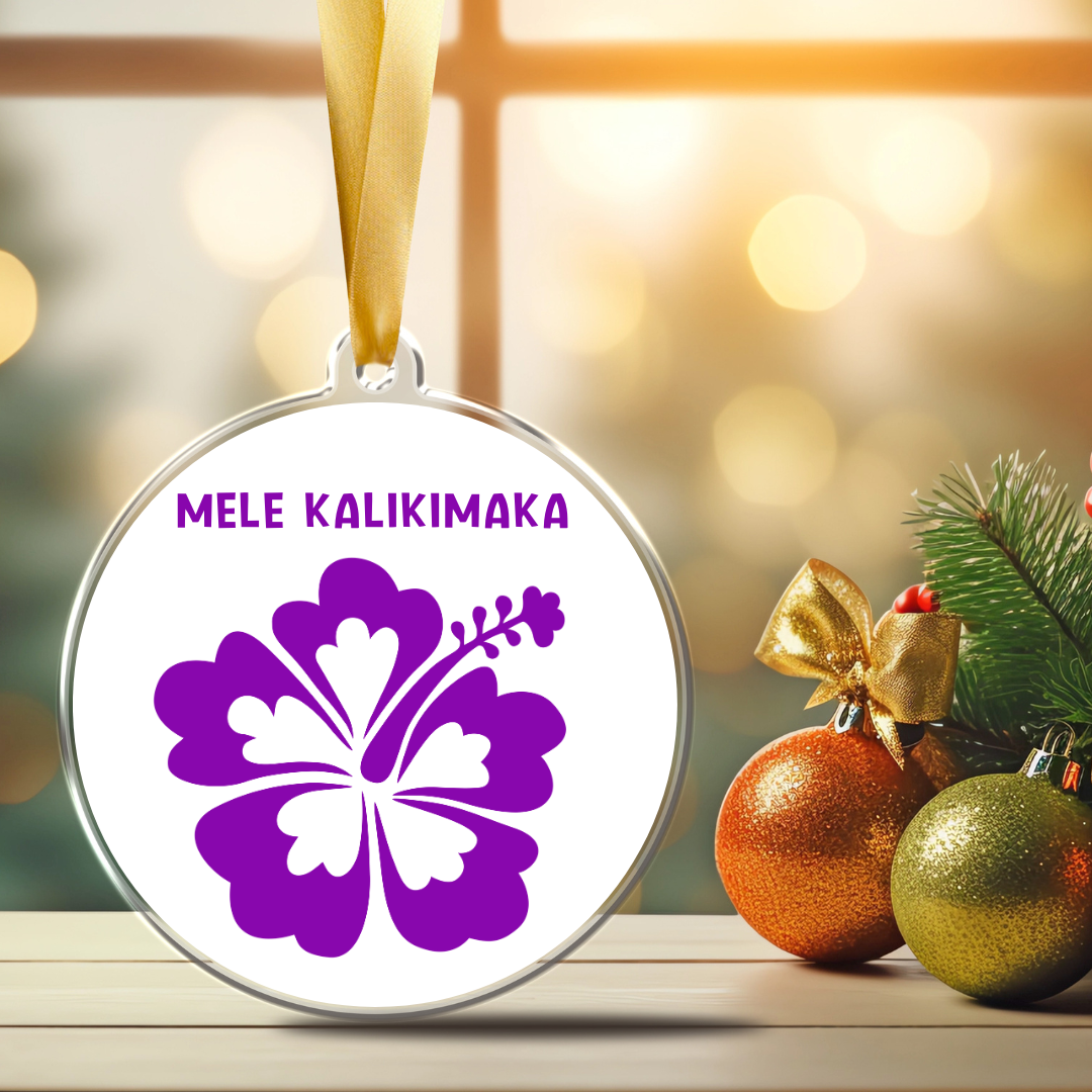 Mele Kalikimaka Purple Hibiscus Christmas Ornament, handcrafted tropical holiday tree decor